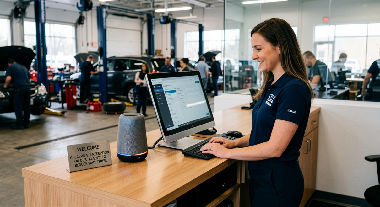 Professional receptionist helping customers at an auto repair front desk