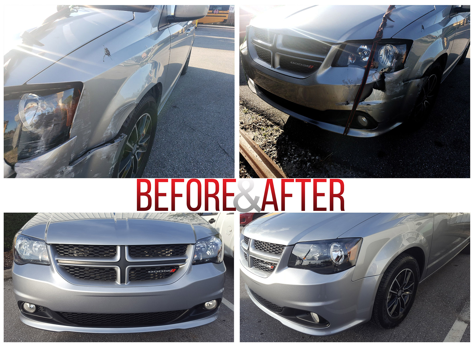 Before and after auto body damage repair example