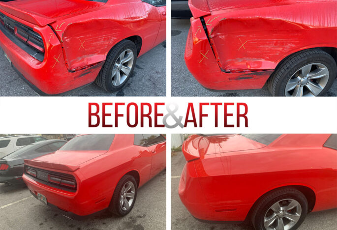 Before and after repair on a Dodge Charger