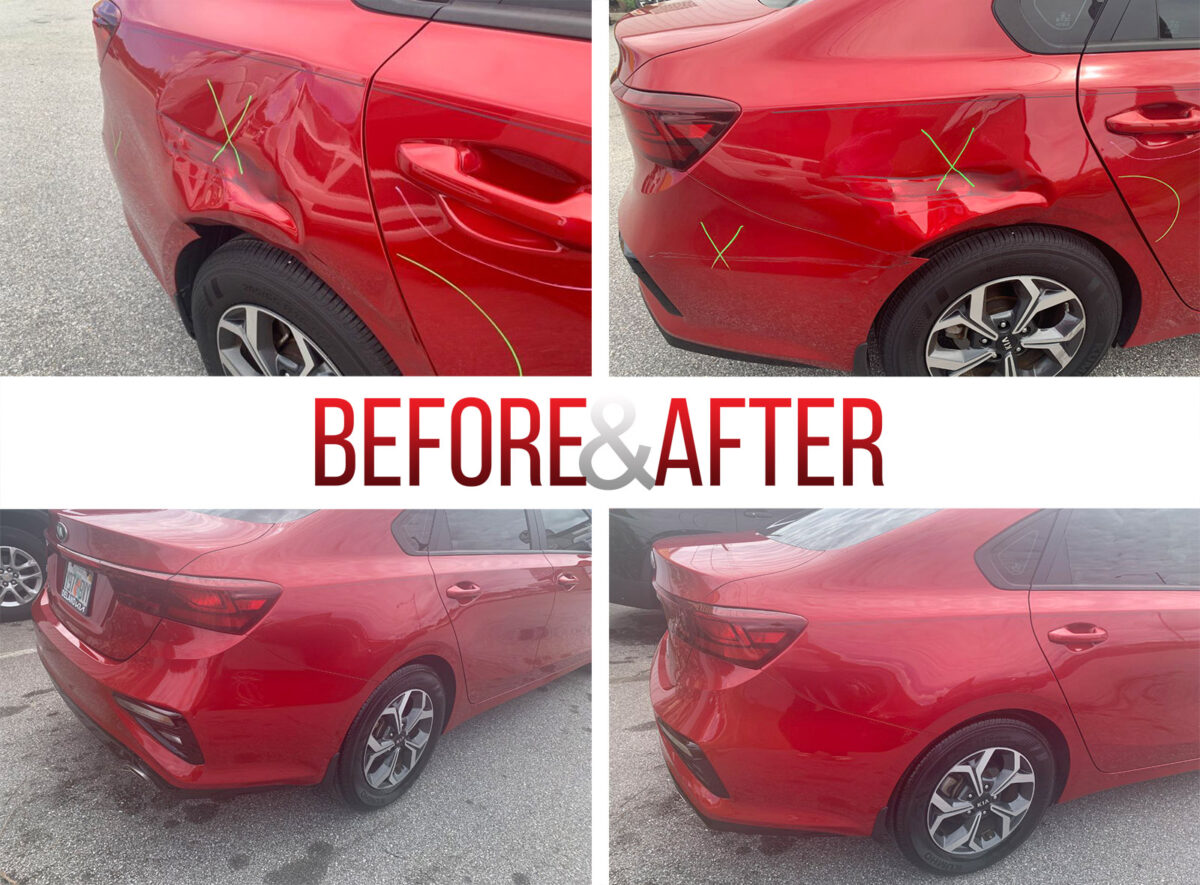 Before and after collision repair on a white sedan